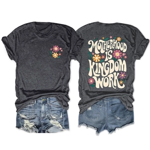 Detail of grey motherhood t-shirt with daisy floral print and distressed denim shorts