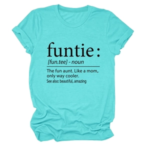 Detail view of turquoise T-shirt featuring funny black funtie dictionary print