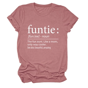 Close-up of white funtie definition print on dusty pink cotton crew neck t-shirt