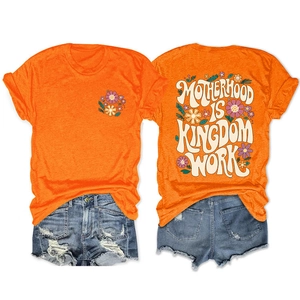 Detailed front and back view of orange t-shirt with motherhood kingdom floral graphics