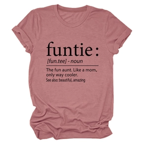 Detailed close-up of rolled sleeves and funtie noun print on a dusty rose cotton t-shirt