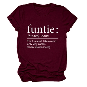 Detail of white funtie noun letter print on wine red crew neck short sleeve cotton T-shirt