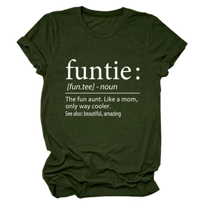 Close-up of rolled sleeves and printed definition of funtie on a green t-shirt