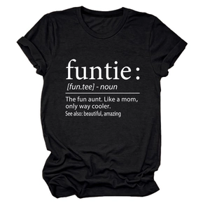 Detail of the funtie dictionary definition print on a black cotton crewneck t-shirt
