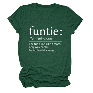 Detailed flat lay of dark green heathered t-shirt with white funtie definition print
