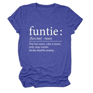 Close-up of navy blue T-shirt featuring white funtie noun dictionary print details