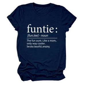 Detailed flat lay of navy blue cotton T-shirt featuring white funtie dictionary print