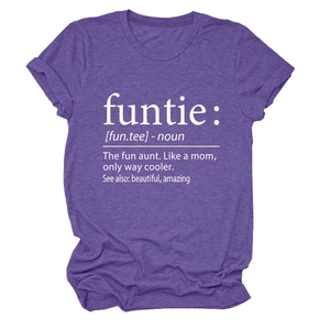 Detail of the funtie noun text print on soft purple cotton crew neck short sleeve T-shirt