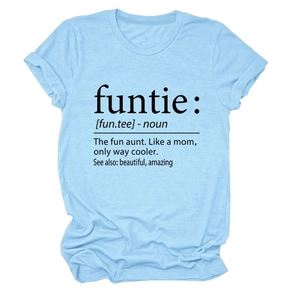 Detail of light blue crew neck T-shirt featuring funtie noun definition print in black