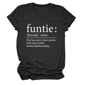 Detail shot of the funtie definition print on a charcoal grey crew neck t-shirt