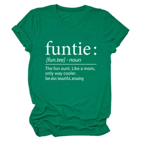 Women's green cotton T-shirt with white funtie noun definition print on plain background
