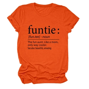 Detail of the funtie noun print on an orange cotton crew neck t-shirt for women