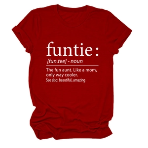Detailed view of the 'funtie' noun definition print on a deep red crew neck cotton T-shirt