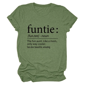 Detail of army green crewneck T-shirt with funtie dictionary definition print on soft fabric