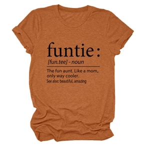 Detail of heathered orange crewneck T-shirt showing funtie dictionary print fabric