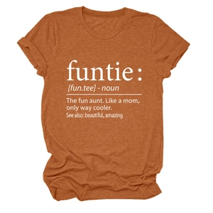 Detail of rust-colored t-shirt showing white dictionary definition print on heather fabric