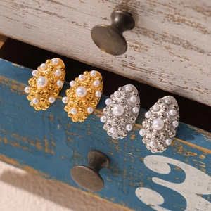 Retro Titanium Steel Imitation Artificial Pearl Stud Earrings Oval Geometric Gold Silver Earrings For Women Wedding Party Jewelry