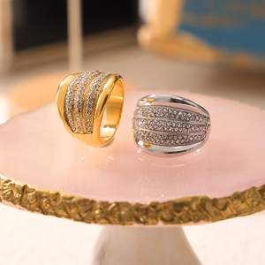 Luxurious gold and silver multi-layer wide band rings with sparkling pave crystals