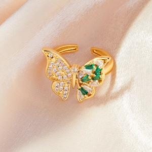 Anillo de Cobre con Mariposa Elegante para Mujer Baño de Oro 18K Circonita Incrustada Anillo de Dedo Abierto Ajustable Joyas