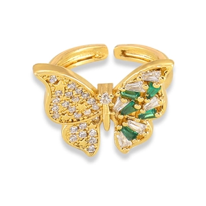 Anillo mariposa abierto bañado en oro 18k con cristales verdes y circonitas blancas