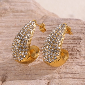 Boucles D'oreilles Goutte D'eau Pavées De Strass Pour Femmes Acier Titane Plaqué Or 18K Demi Créoles Épaisses Bijoux De Mode De Luxe