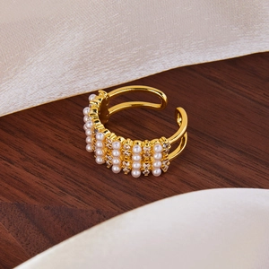 Vintage Wide Band Open Ring Copper Gold Plated With Imitation Artificial Pearls And Zircons Geometric Elegant Jewelry For Women