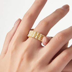 British vintage 18K gold plated wide ring with pearls and geometric diamonds