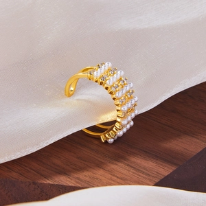 Elegant 18K gold plated wide band geometric ring with pearls and pavé cubic zirconia