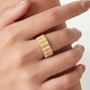 British vintage 18K gold plated wide ring with geometric pearls and sparkling crystals