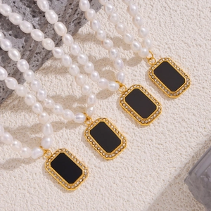 Freshwater Pearl Pendant Necklace Vintage Titanium Steel Black Rectangular Zircon Inlaid Elegant Jewelry For Women