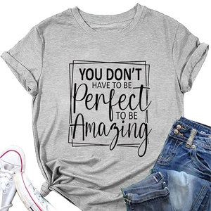 Flat lay of gray t-shirt with inspirational text print and denim jeans casual outfit