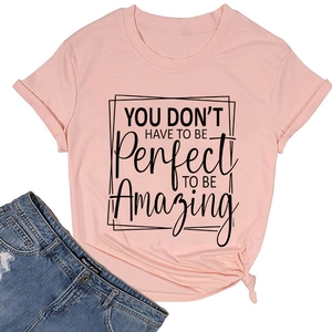Detail of pink cotton tee with text print, crew neck and side knot detail