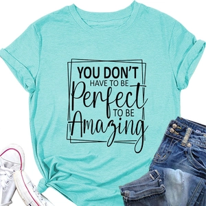 Detail of teal crew neck t-shirt with YOU DON'T HAVE TO text print and casual outfit layout