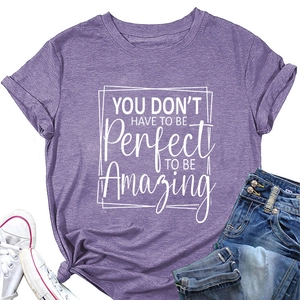 Detail of purple heather t-shirt with slogan print, rolled sleeves and round neck