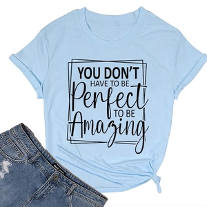 Detail of light blue crew neck T-shirt featuring inspirational quote print and knotted hem