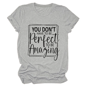 Close-up of soft grey cotton t-shirt featuring black text print and round neckline detail