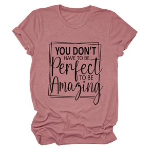 Detail of soft dusty rose cotton t-shirt with black inspirational quote print