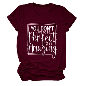 Flat lay of burgundy cotton T-shirt with white box graphic motivational lettering