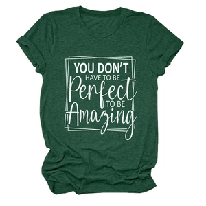 Macro detail of forest green heather fabric with a motivational quote on a cotton t-shirt