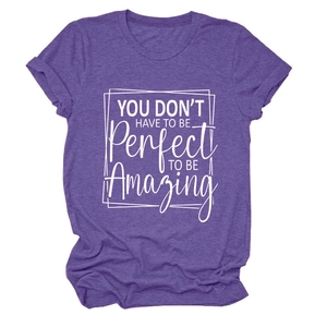 Detail of inspirational white text on a soft dark purple crewneck short sleeve T-shirt