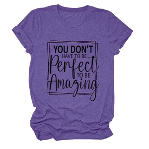 Detail of purple heather fabric t-shirt with YOU DON'T HAVE TO text and cuffed sleeves