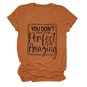 Detail of rust red heathered fabric with 'YOU DON'T HAVE TO BE PERFECT' graphic print