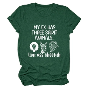 T-shirt en coton vert foncé à col rond avec impression graphique d'animaux blancs