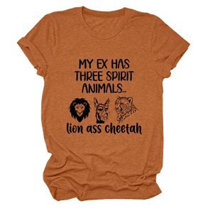 Détail du t-shirt marron orangé avec texte humoristique et motifs d'animaux