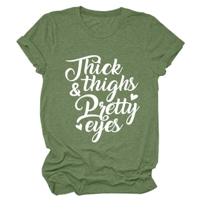 Detail of Thick Thighs & Pretty Eyes slogan print on olive green cotton crew neck t-shirt