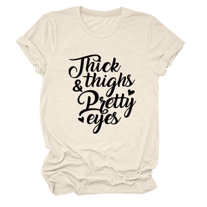 Detail of cream crew neck T-shirt featuring Thick thighs Pretty eyes script and rolled cuffs