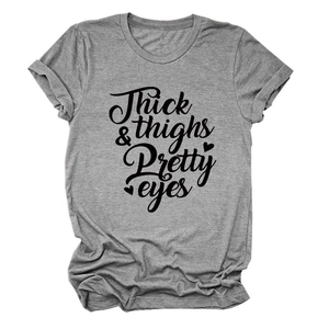 Detail of grey cotton t-shirt featuring Thick thighs Pretty eyes black slogan print