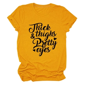 Detailed view of ginger cotton t-shirt with black Thick & Thighs Pretty Eyes print