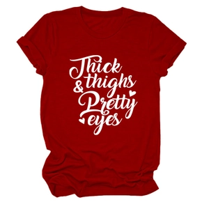 Detail view of burgundy cotton T-shirt featuring Thick & Thighs white letter print