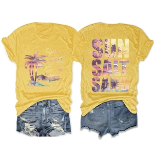 T-shirt jaune Sun Salt Sand avec imprimé plage tropicale sur le devant et dans le dos